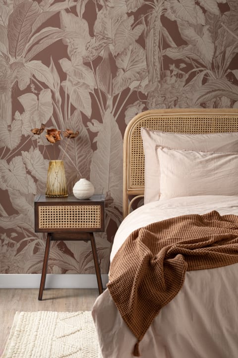 Brown Tropical Illustrated Leafy Plants Mural