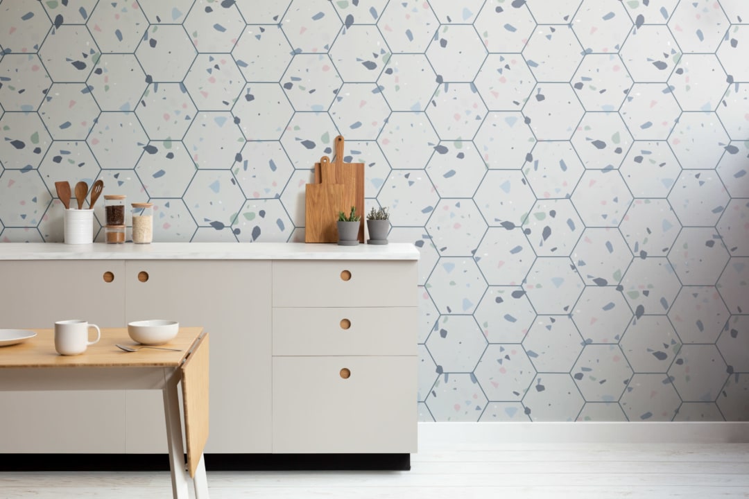 Hexagon Tile Terrazzo Pattern Wallpaper Mural