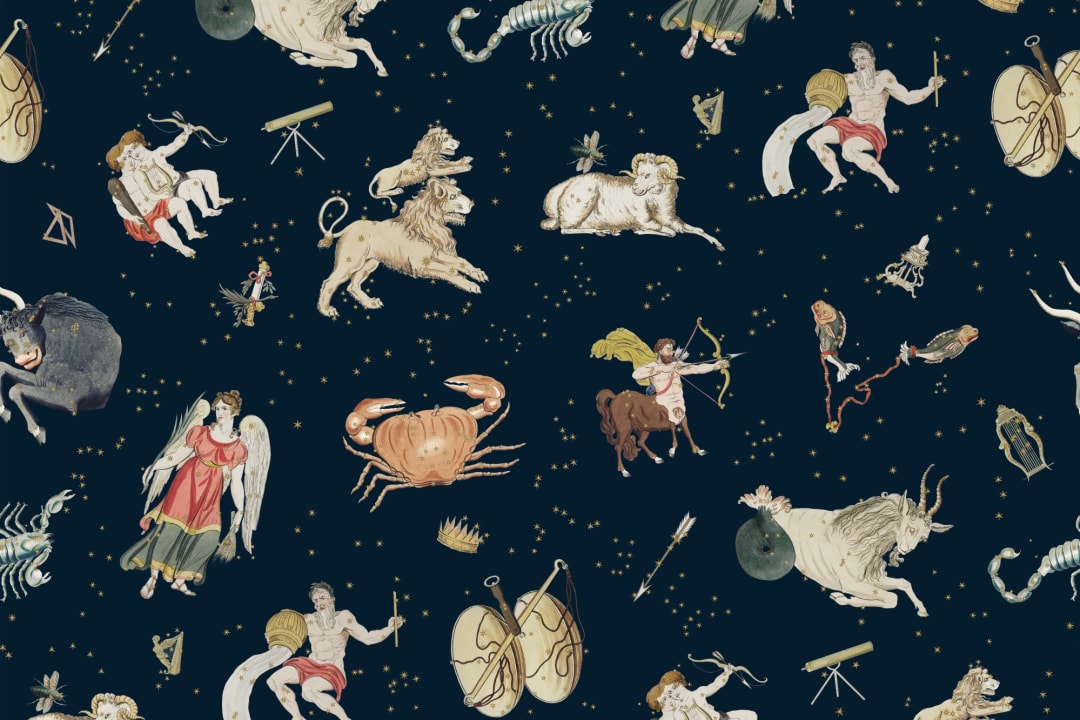Mural de signos astrológicos ilustrado en azul marino