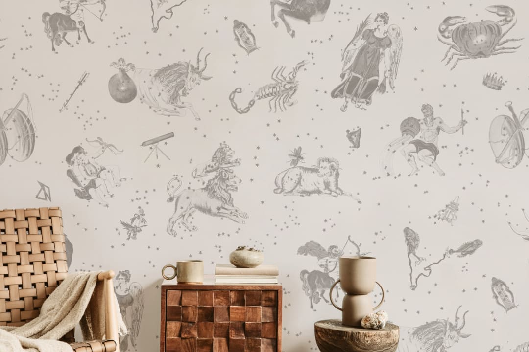 Mural de signos estelares astrológicos ilustrado en gris