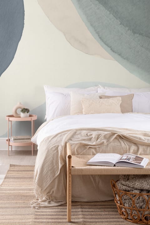 Carta da Parati Azzurra e Beige con Forme Astratte Morbide