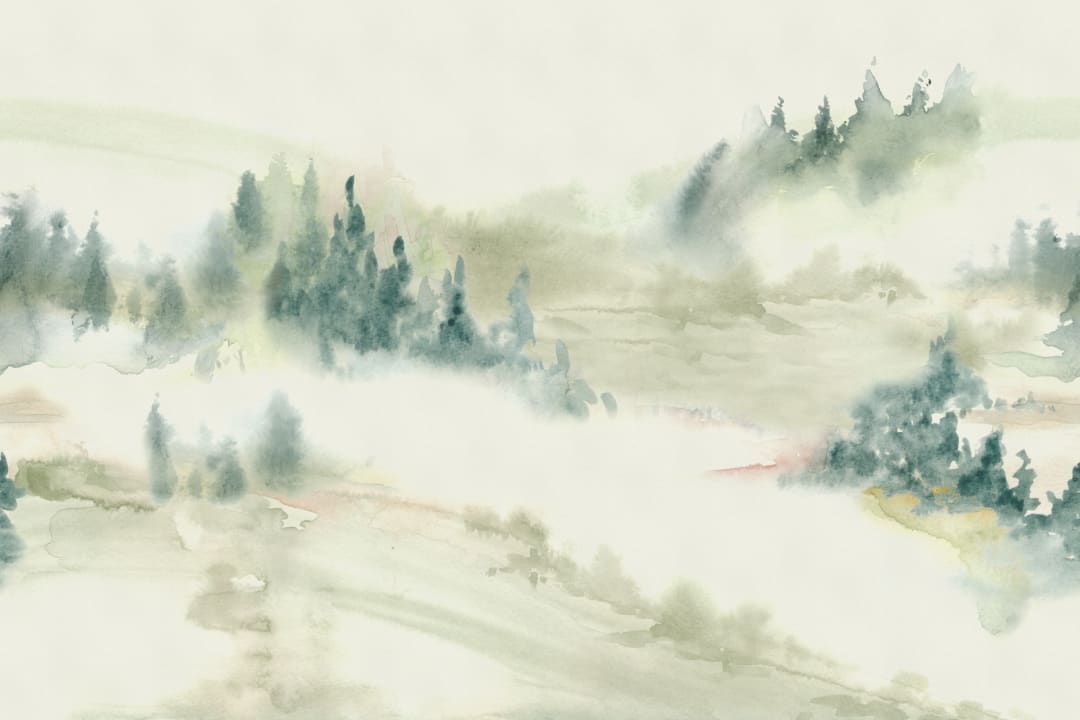 Green Serene Landscape Watercolor Mural For Tranquil Spaces