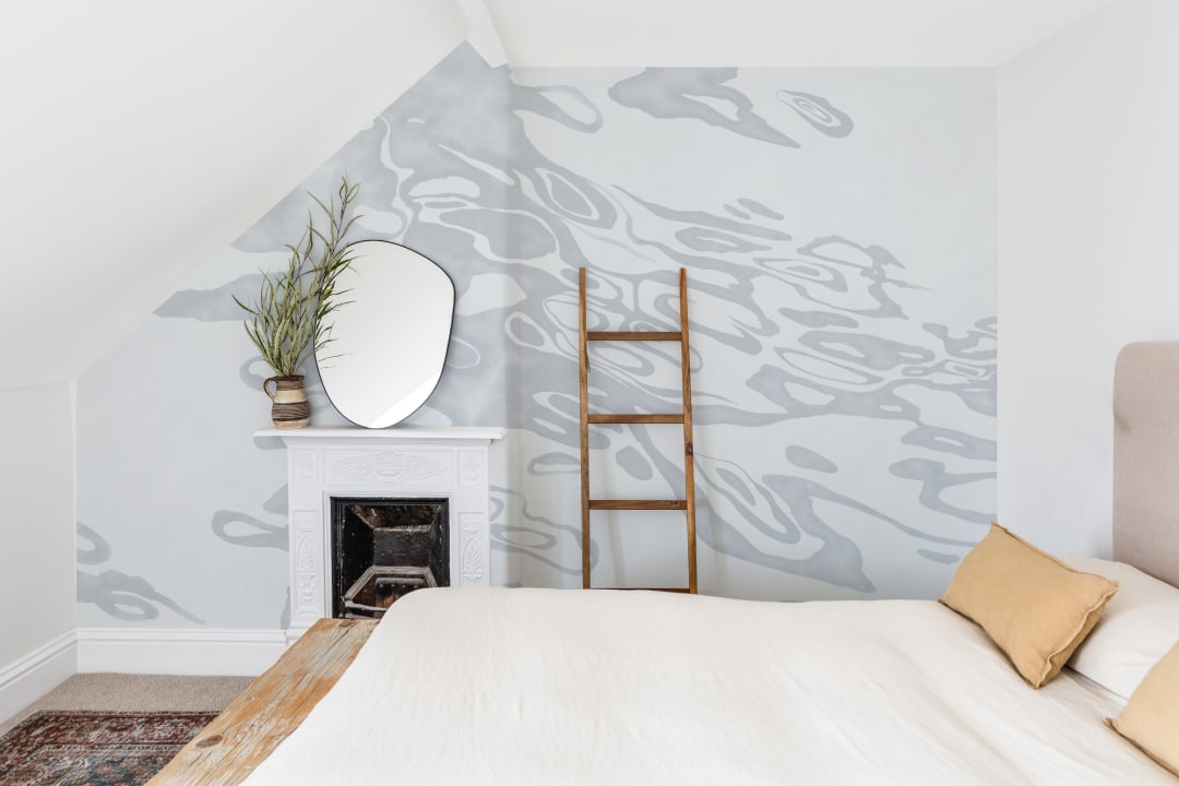 Gray Hand Painted Swirling Water Mural