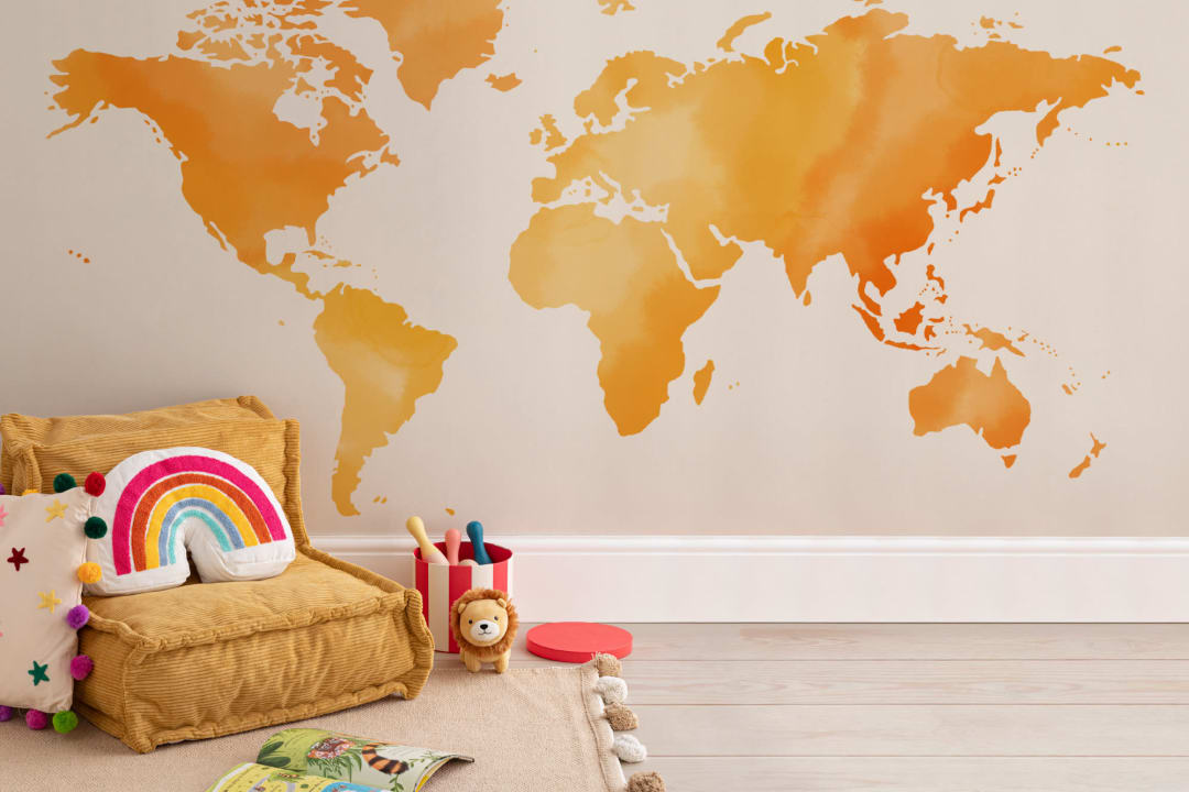 Orange & Yellow Abstract Watercolor World Map Wallpaper Mural