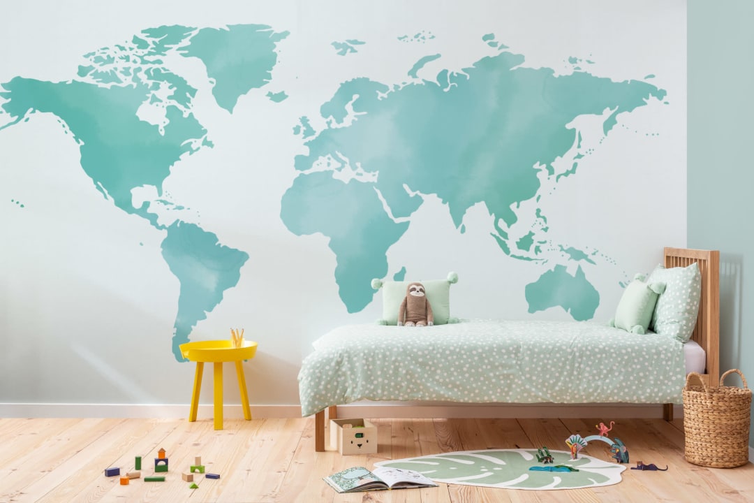 Turquoise Abstract Watercolor World Map Wallpaper Mural