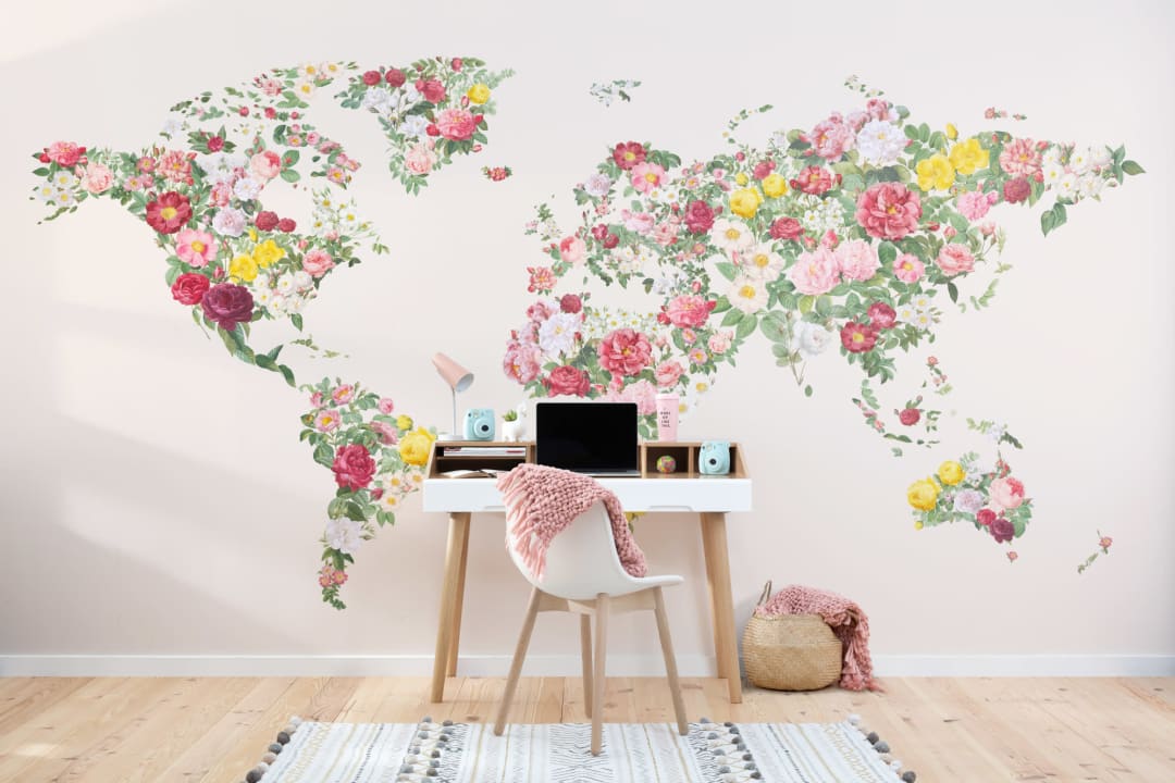Colorful Abstract Vintage Flower World Map Wallpaper Mural