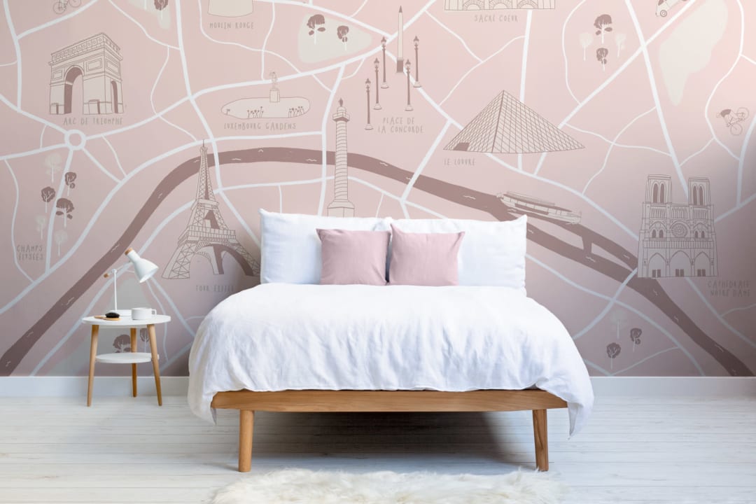 Papier Peint Panoramique Rose Carte Illustrée de Paris