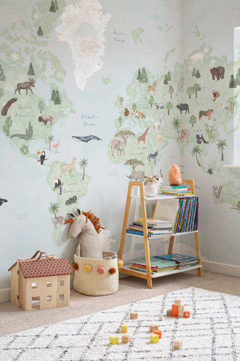Kids Blue Watercolor Animals World Map Wallpaper Mural