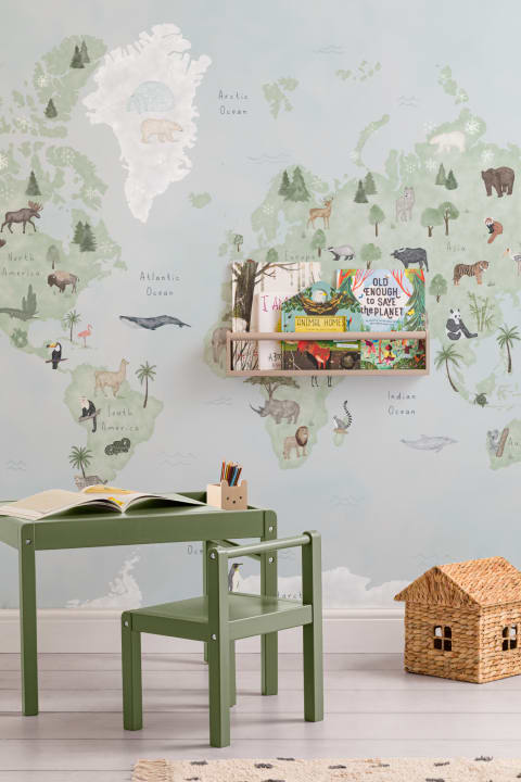 Carta da Parati Mappamondo per Bambini in Verde e Azzurro Acquerello