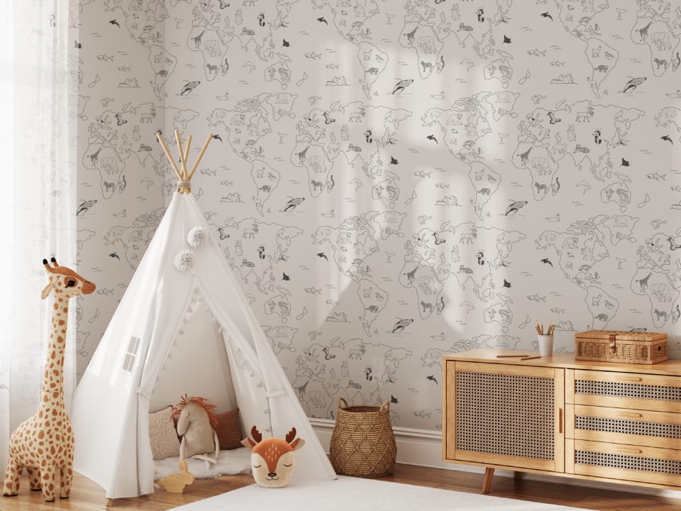 Kids Minimalist World Map Repeat Pattern Wallpaper