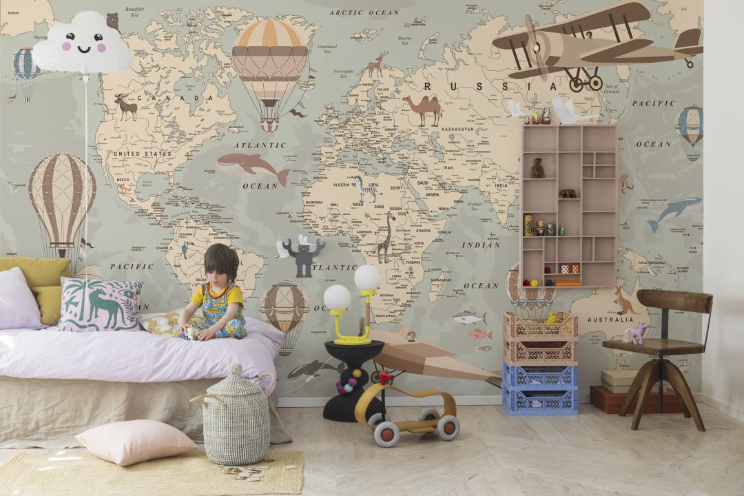 Enfants Chambre Papier Peint Mappemonde Aventure Décoration Murale