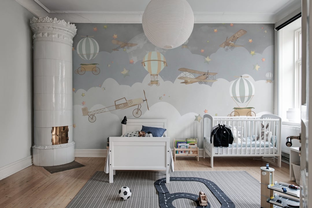 Simple Modern Mountains With Hot Balloons Nursery Wallpaper Wall
