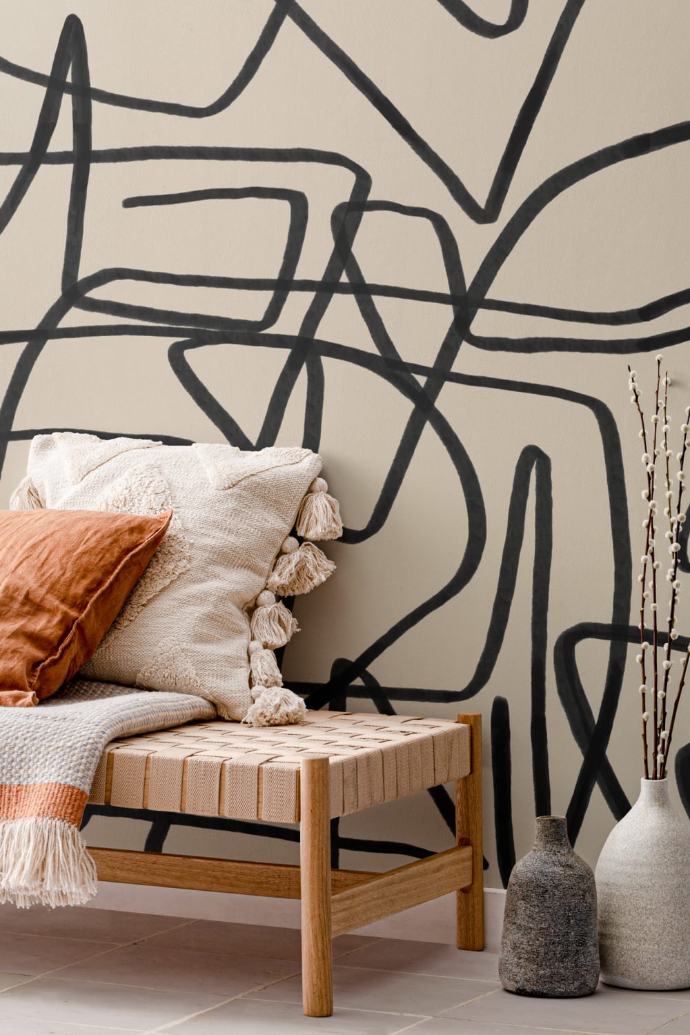 Bold Black & Beige Doodle Abstract Wallpaper Mural