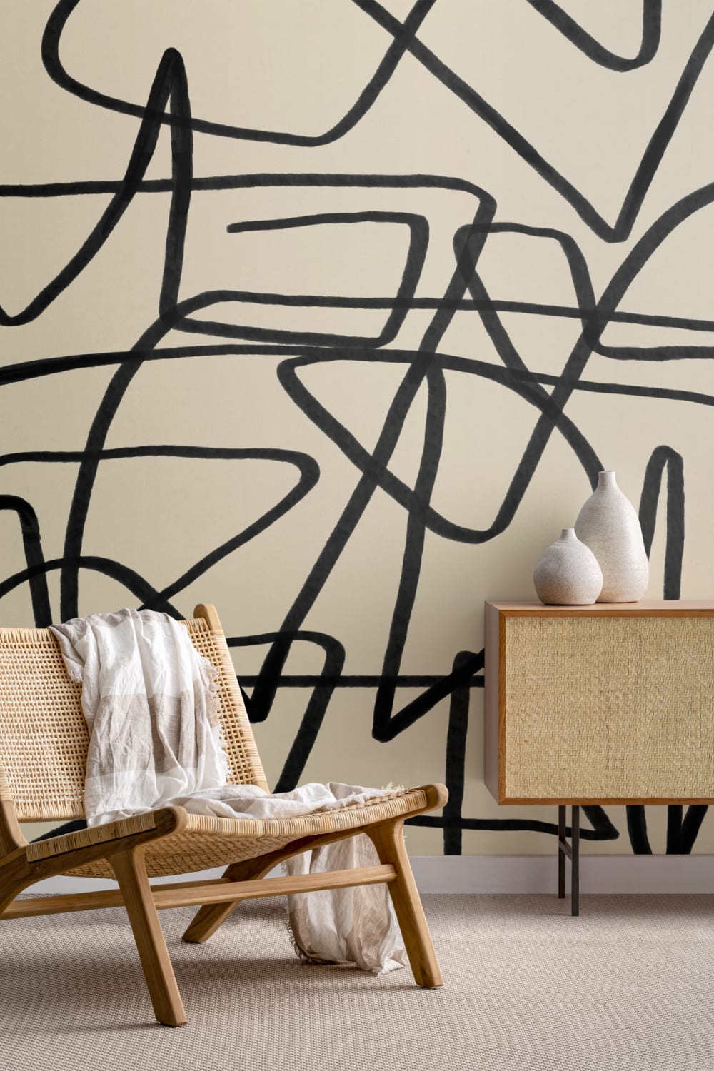Bold Black & Beige Doodle Abstract Wallpaper Mural