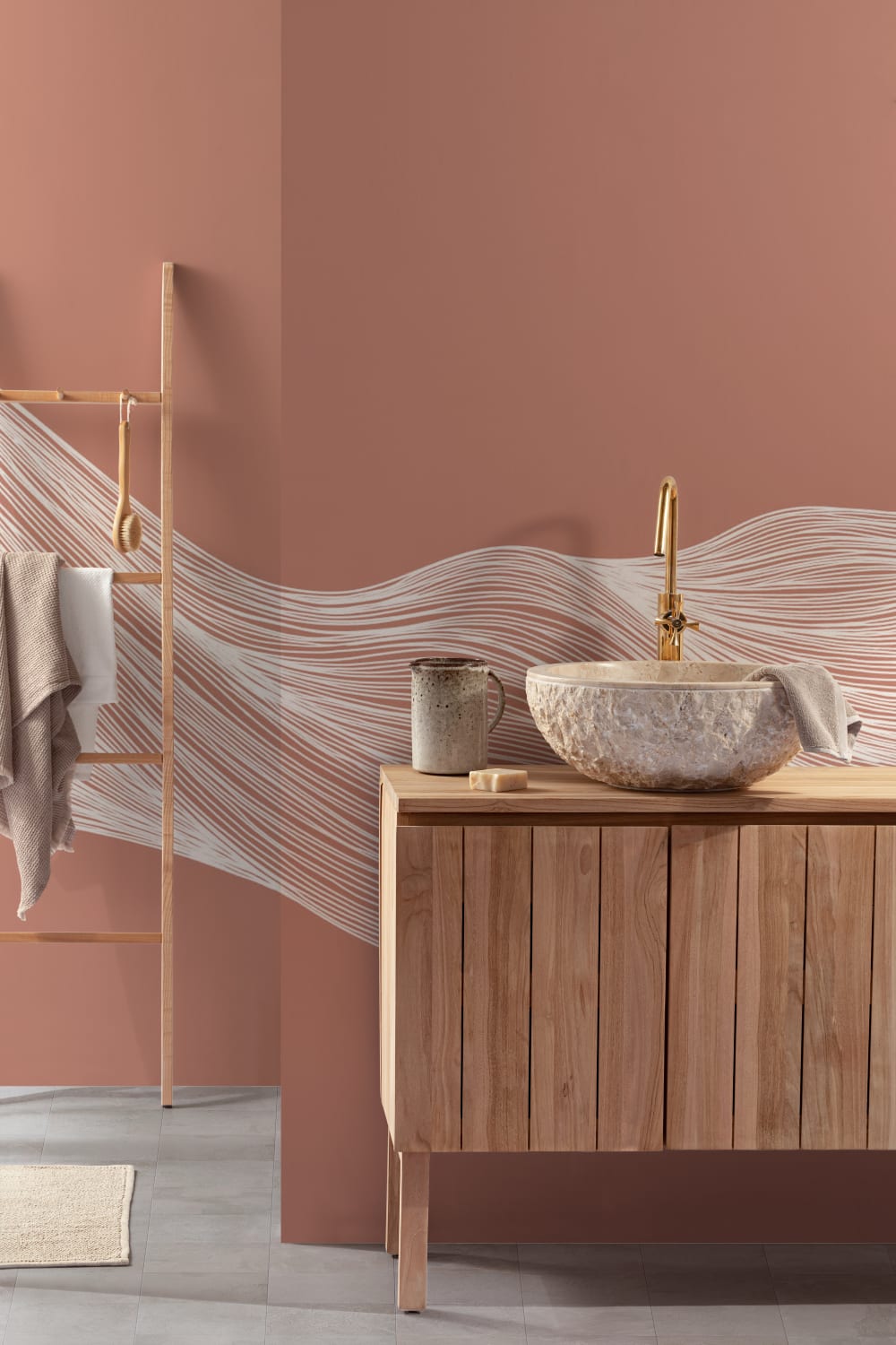 White & Terracotta Wavy Line Abstract Wallpaper Mural