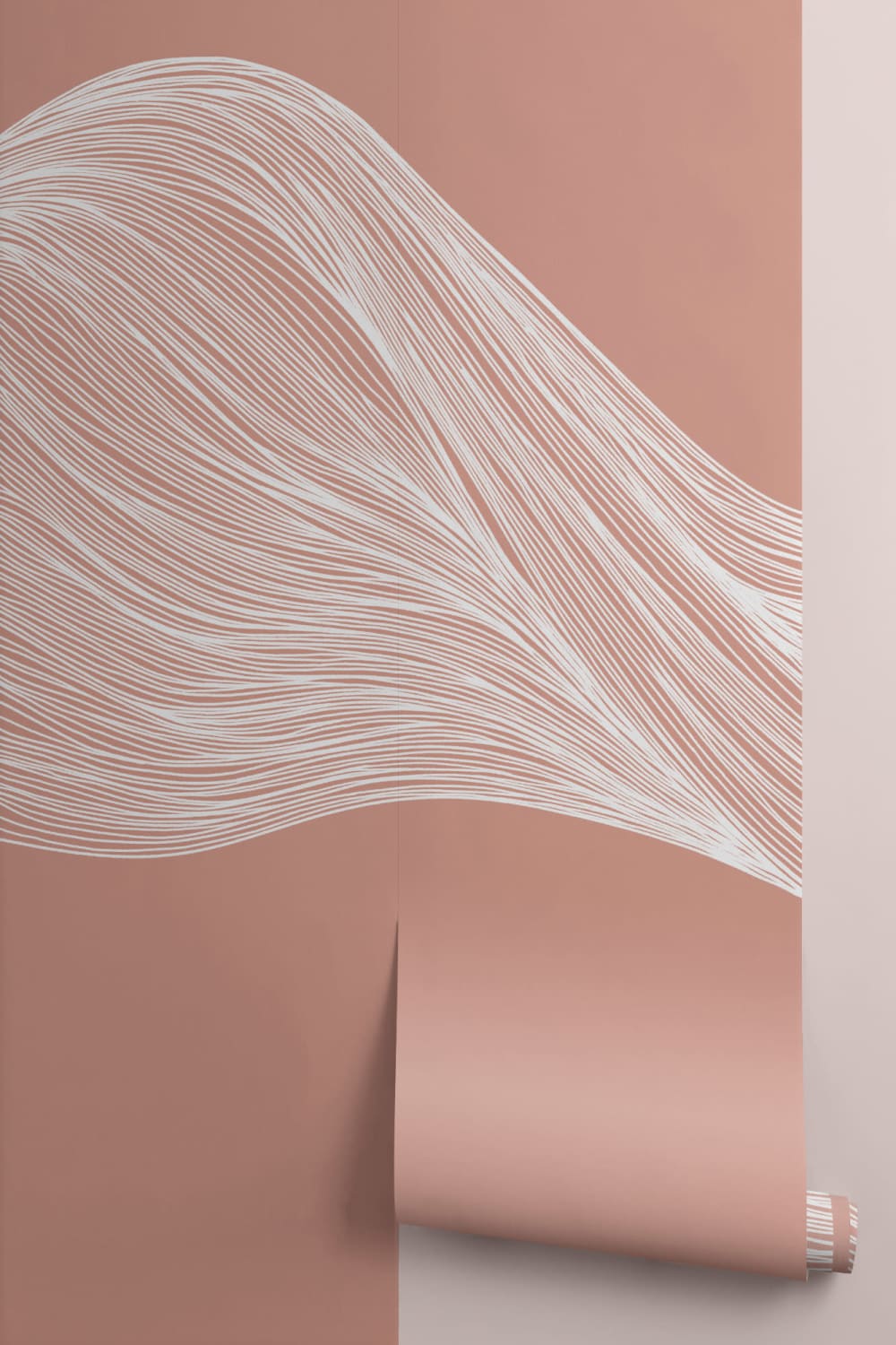 White & Terracotta Wavy Line Abstract Wallpaper Mural