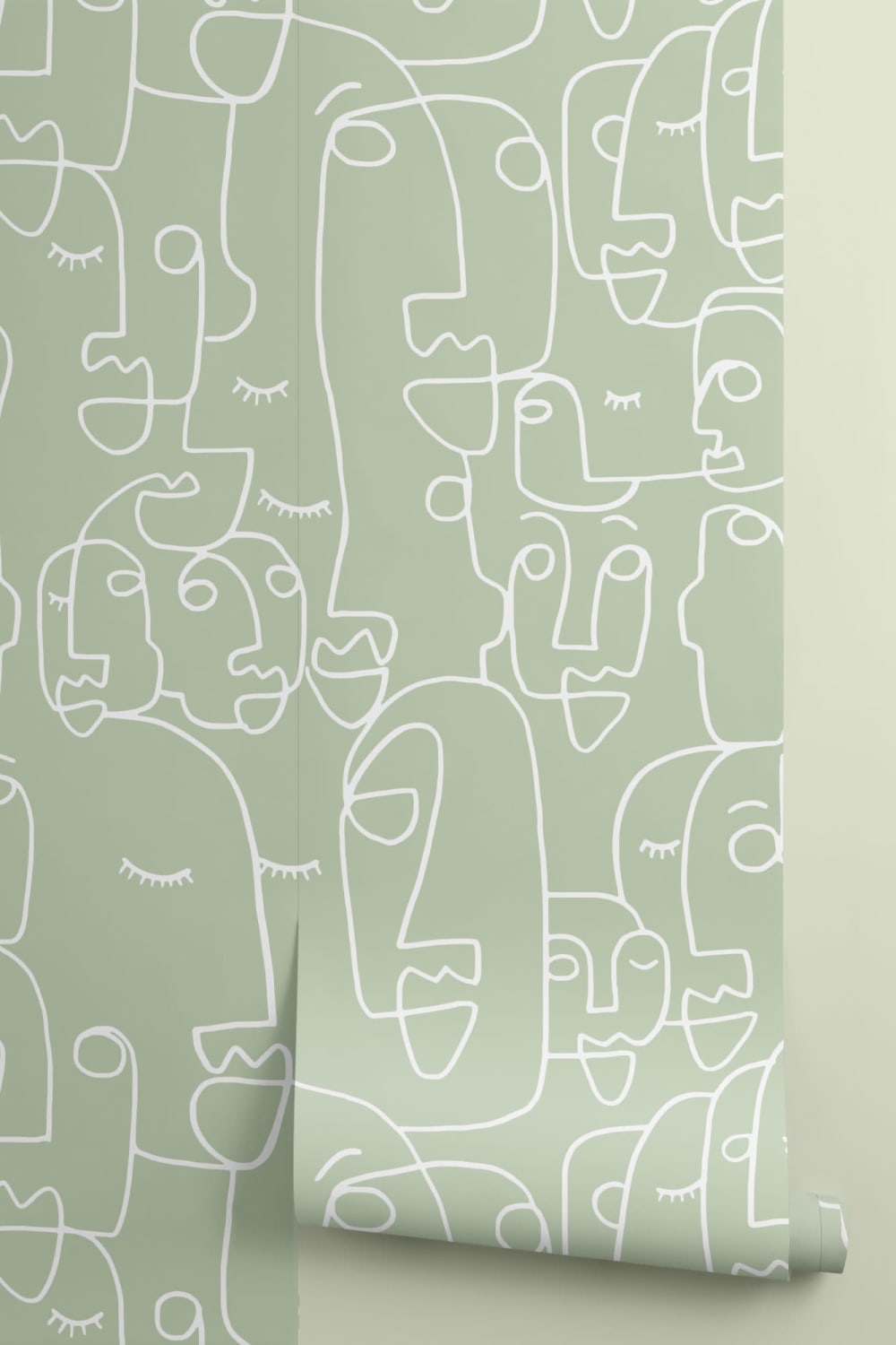 Mural Papel Pintado Perfiles de Caras Salvia y Blanco
