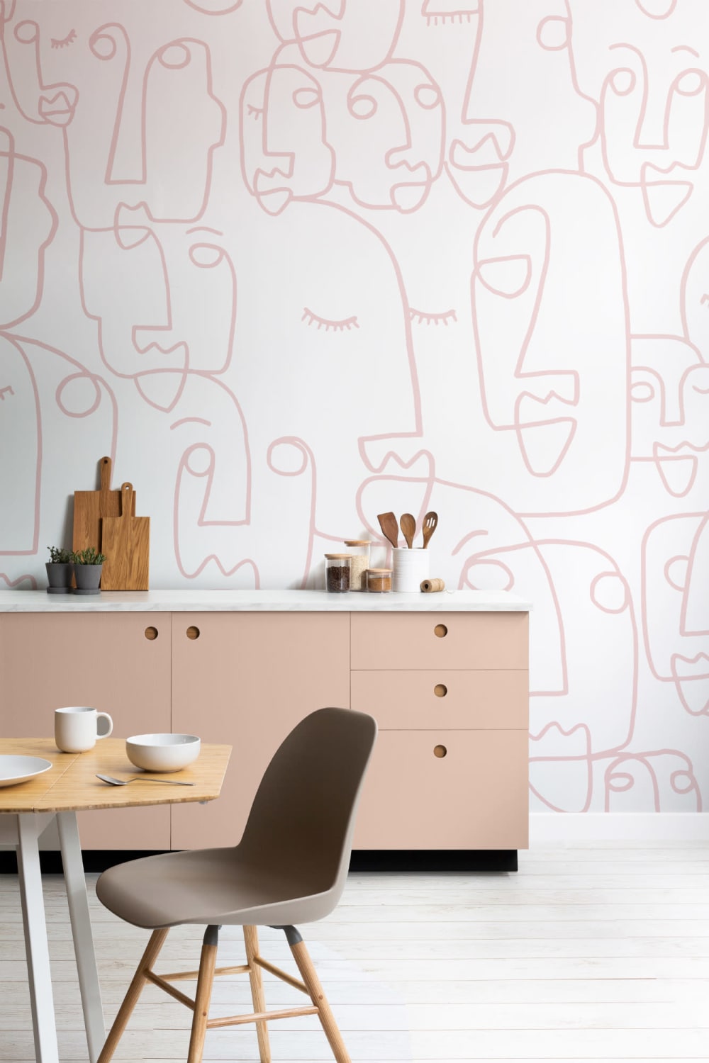 Large Dusty Pink Line Drawing Face Wallpaper Mural