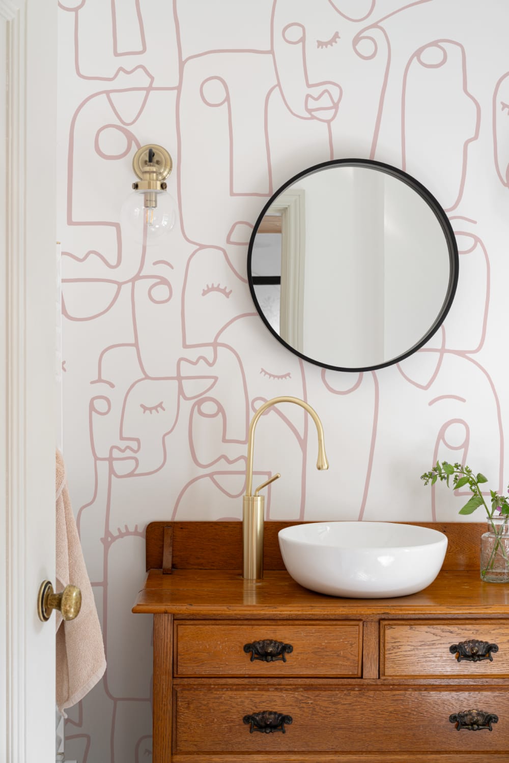 Large Dusty Pink Line Drawing Face Wallpaper Mural