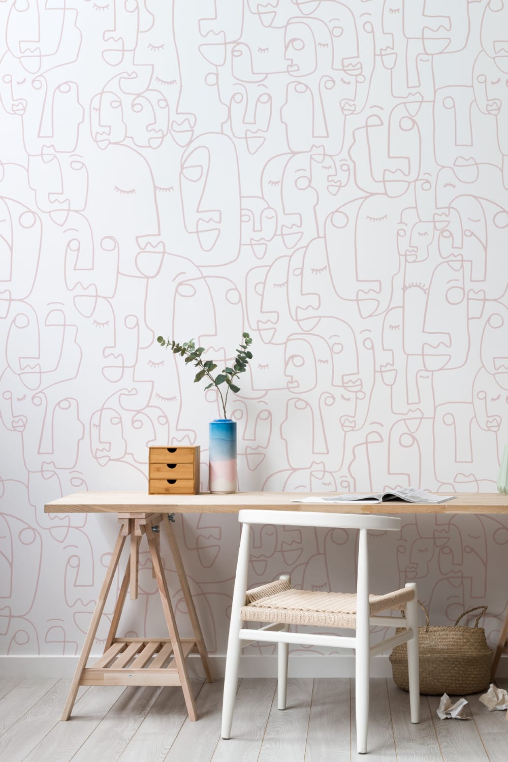Dusty Pink Line Drawing Face Wallpaper Mural