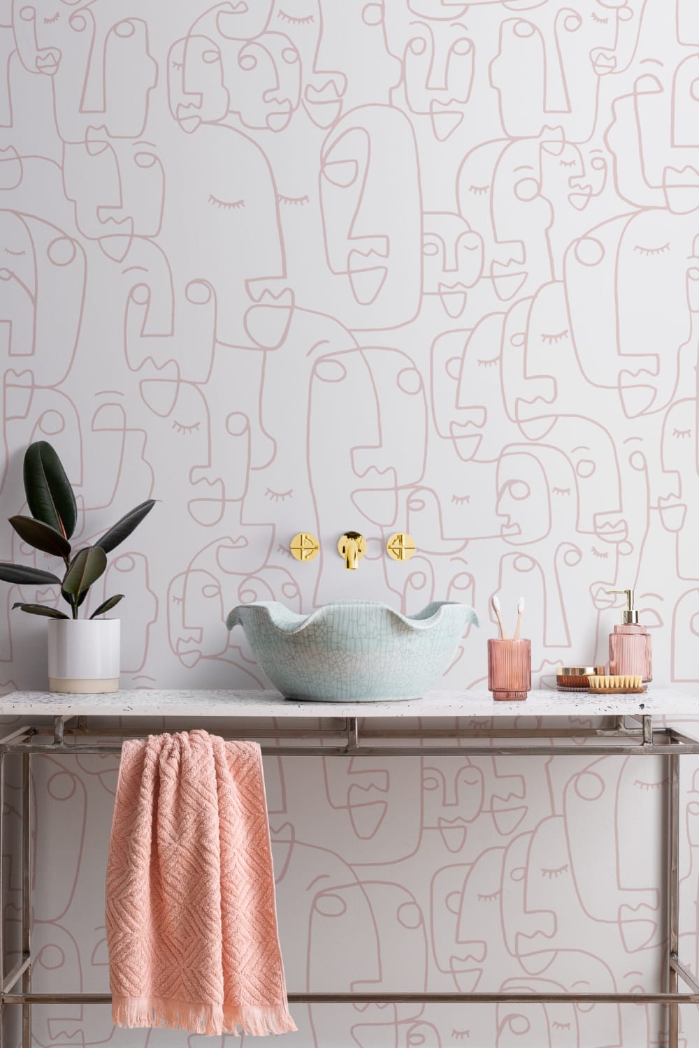 Dusty Pink Line Drawing Face Wallpaper Mural