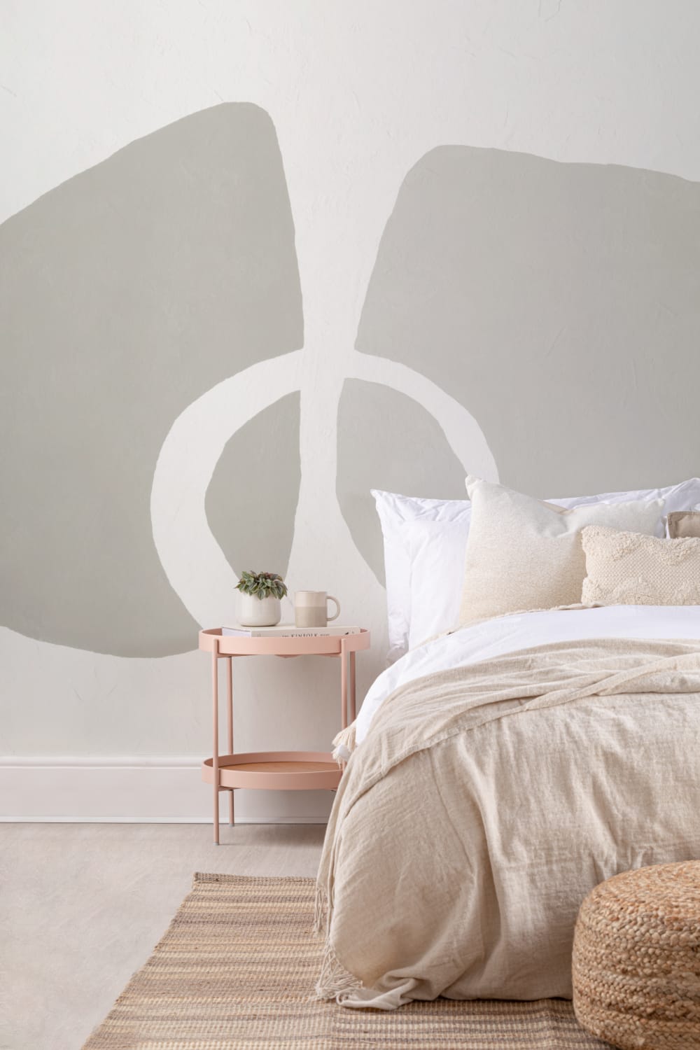 Hand-Painted Abstract Form Mural in Soft Beige with Plaster Texture