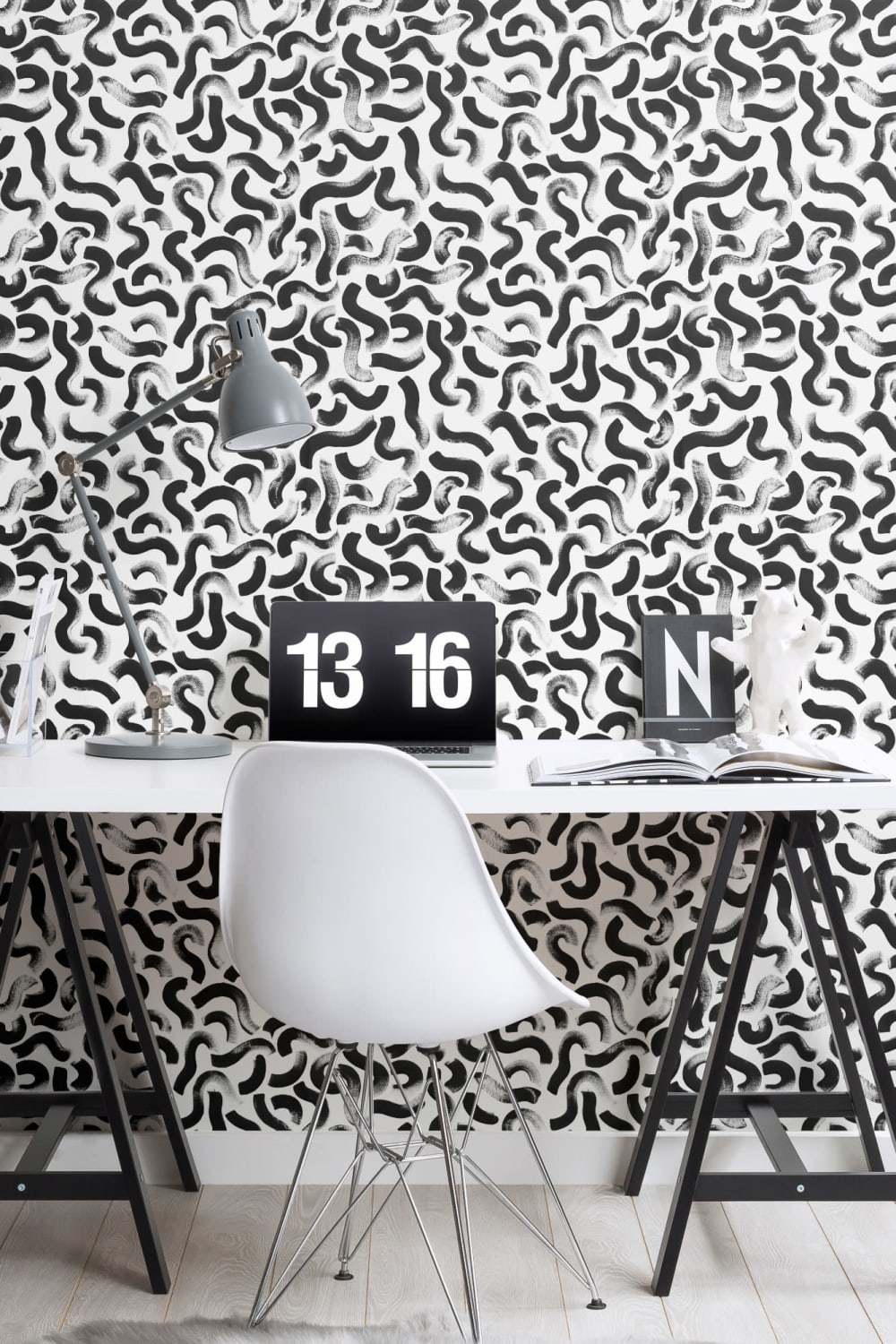 Abstract Black Painted Squiggles Repeat Pattern Wallpaper