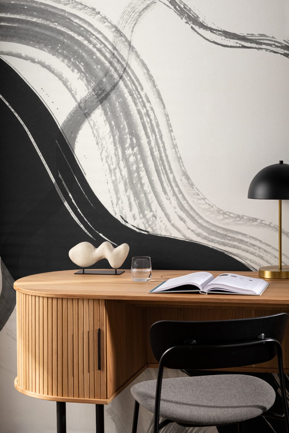 Black Abstract Ink Brush Strokes Mural