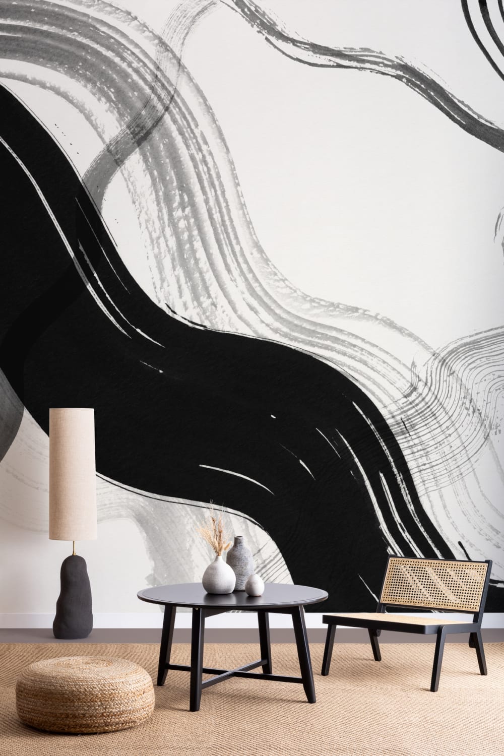 Black Abstract Ink Brush Strokes Mural