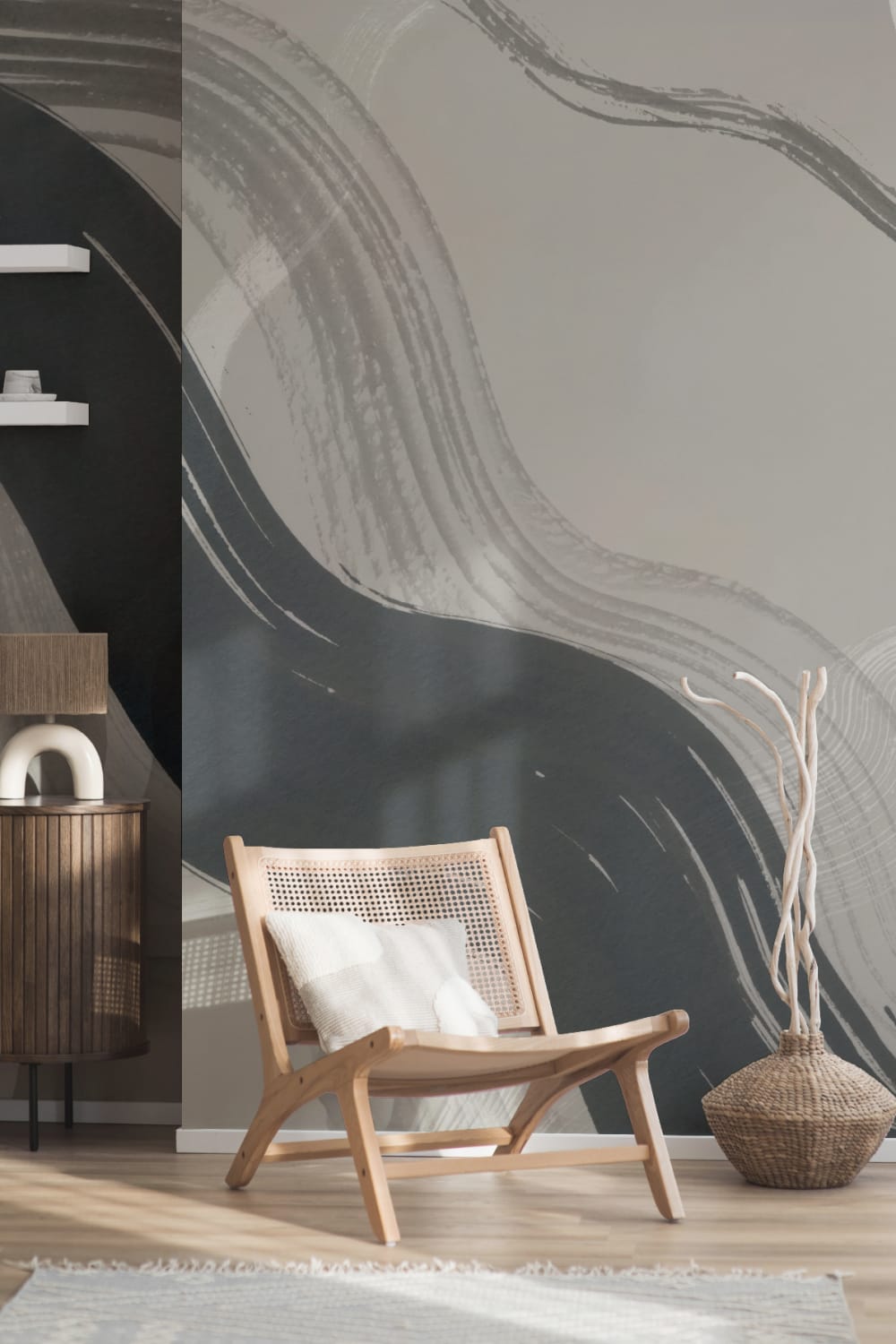 Taupe Abstract Ink Brush Strokes Mural
