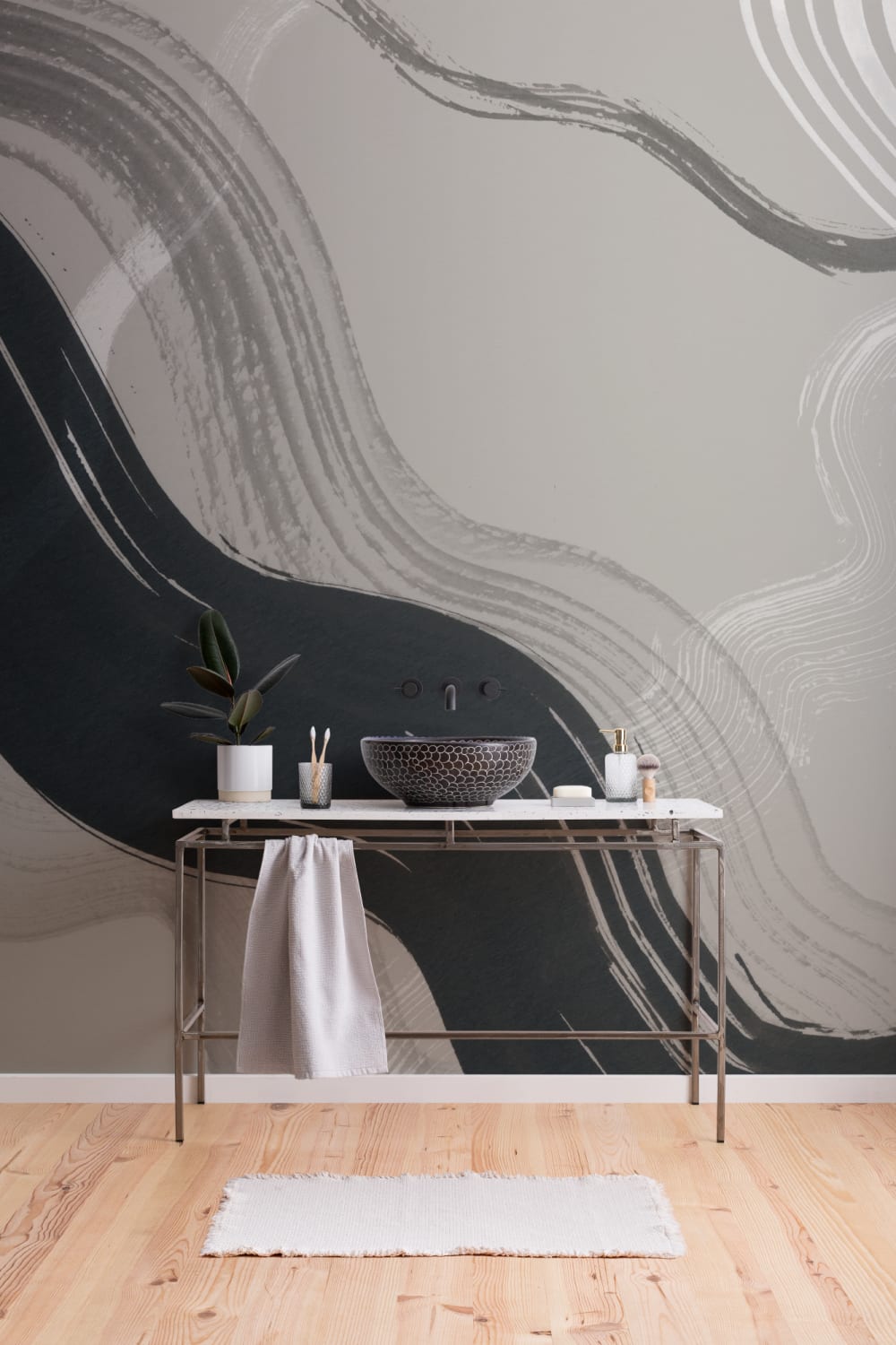 Taupe Abstract Ink Brush Strokes Mural