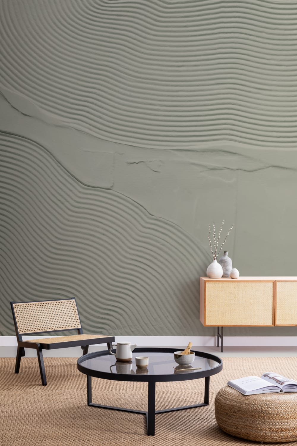 Murale verde organic sculptat linii abstracte