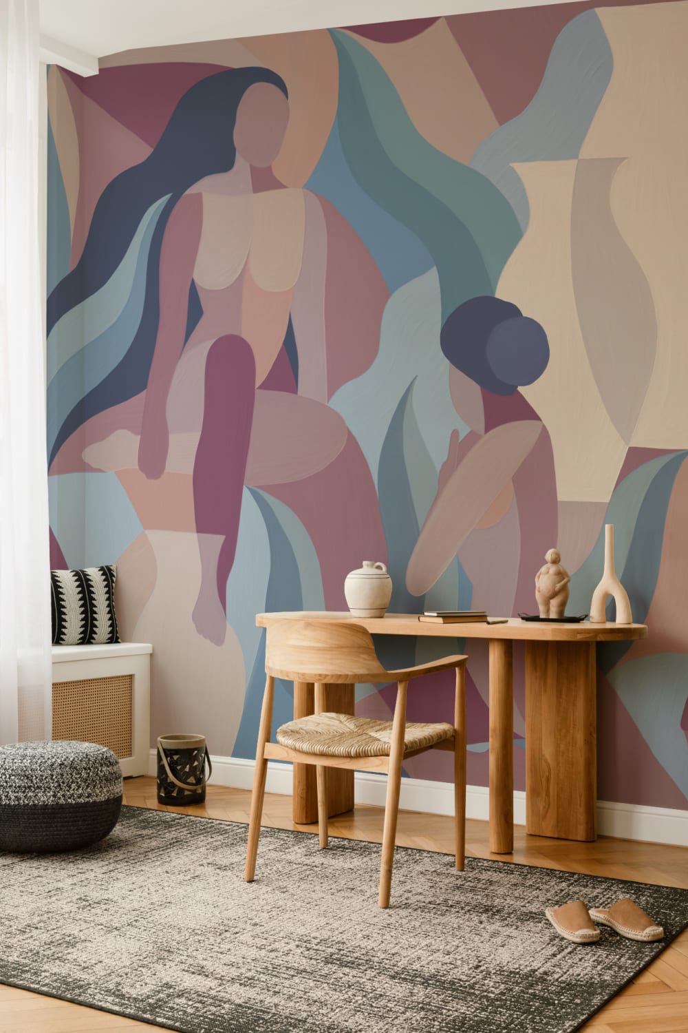 Hand Painted Mauve and Blue Female Form Mural