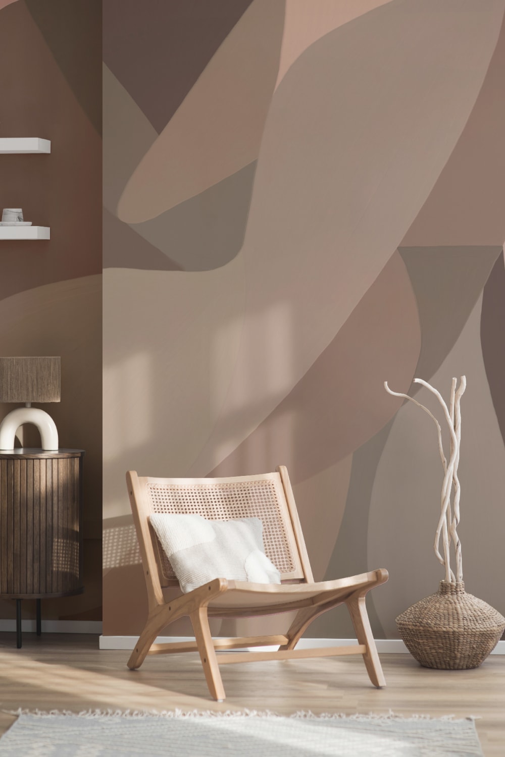Female Form Abstract Shapes Mural in Earthy Browns