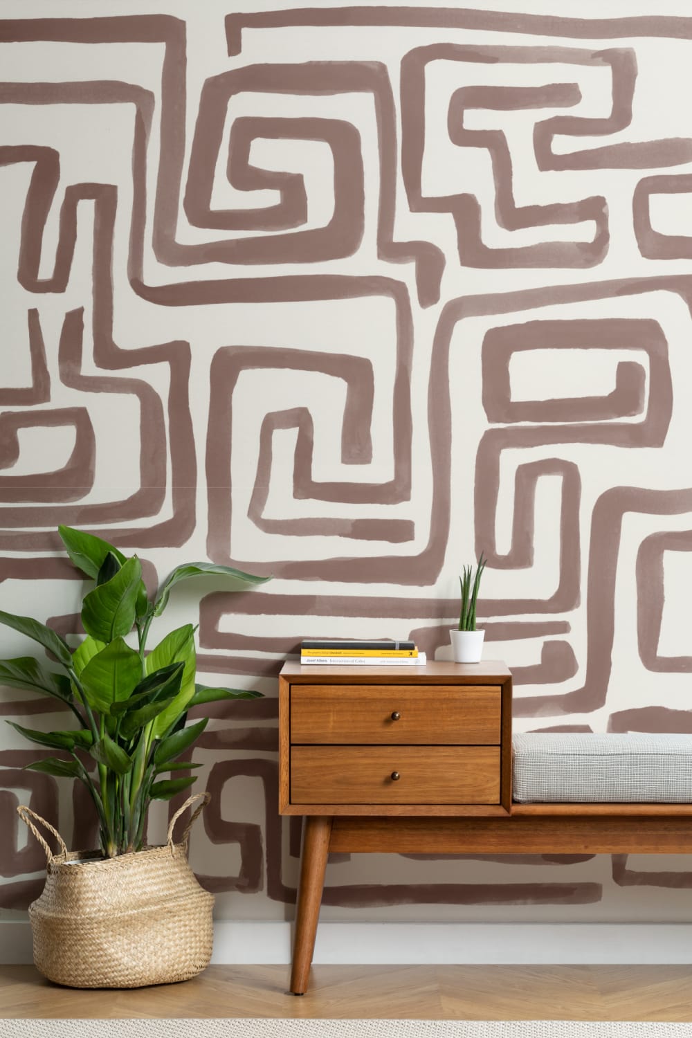 Hand-Painted Maze Pattern Mural in Brown
