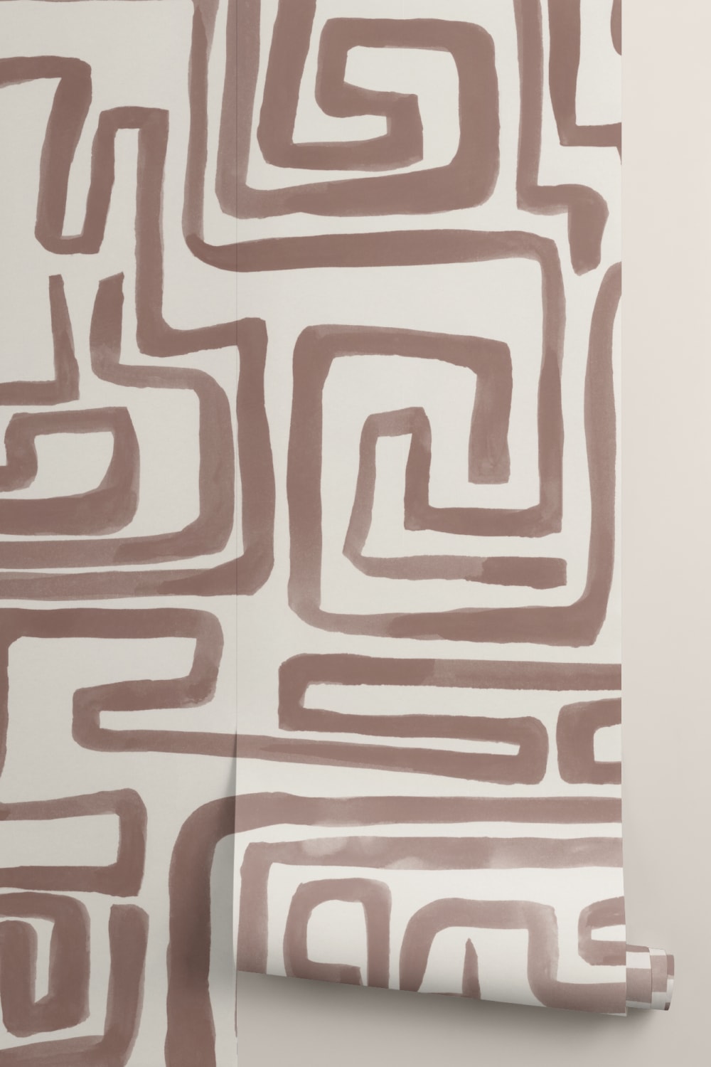 Hand-Painted Maze Pattern Mural in Brown