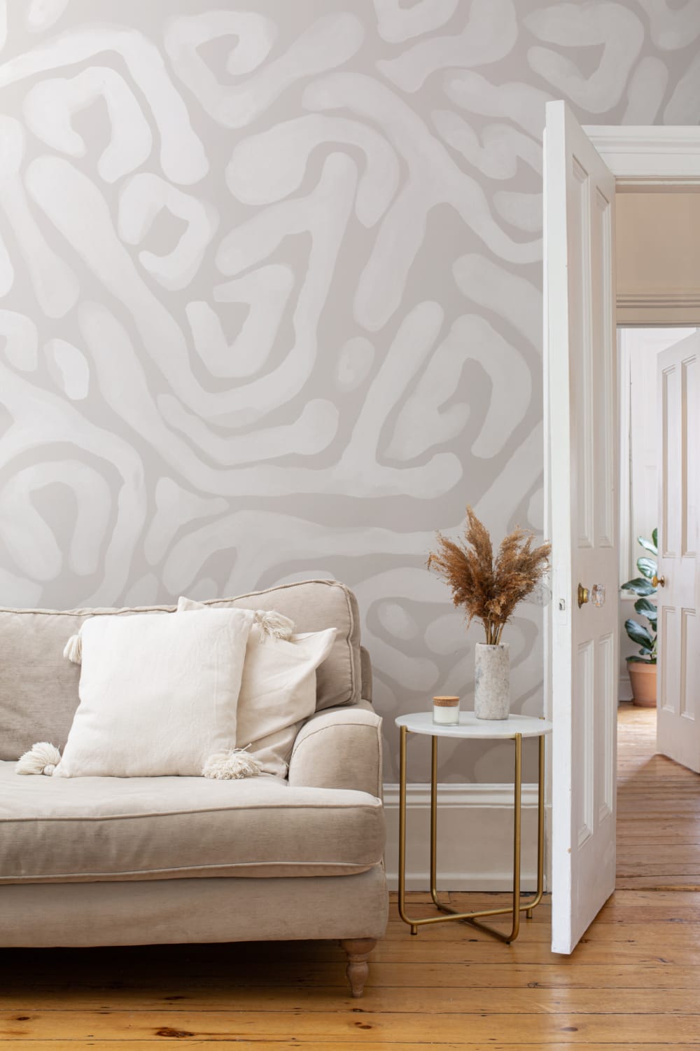 Hand-Painted Organic Flow Pattern Mural in Beige
