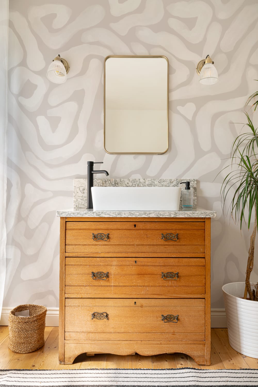 Hand-Painted Organic Flow Pattern Mural in Beige