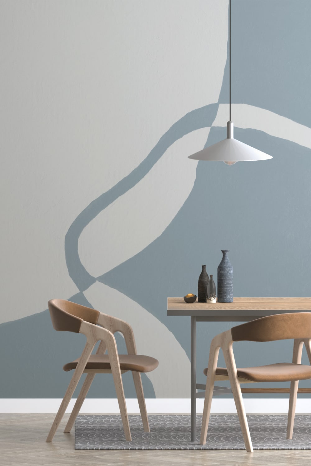 Hand-Painted Curved Form Mural in Cool Blue with Plaster Texture