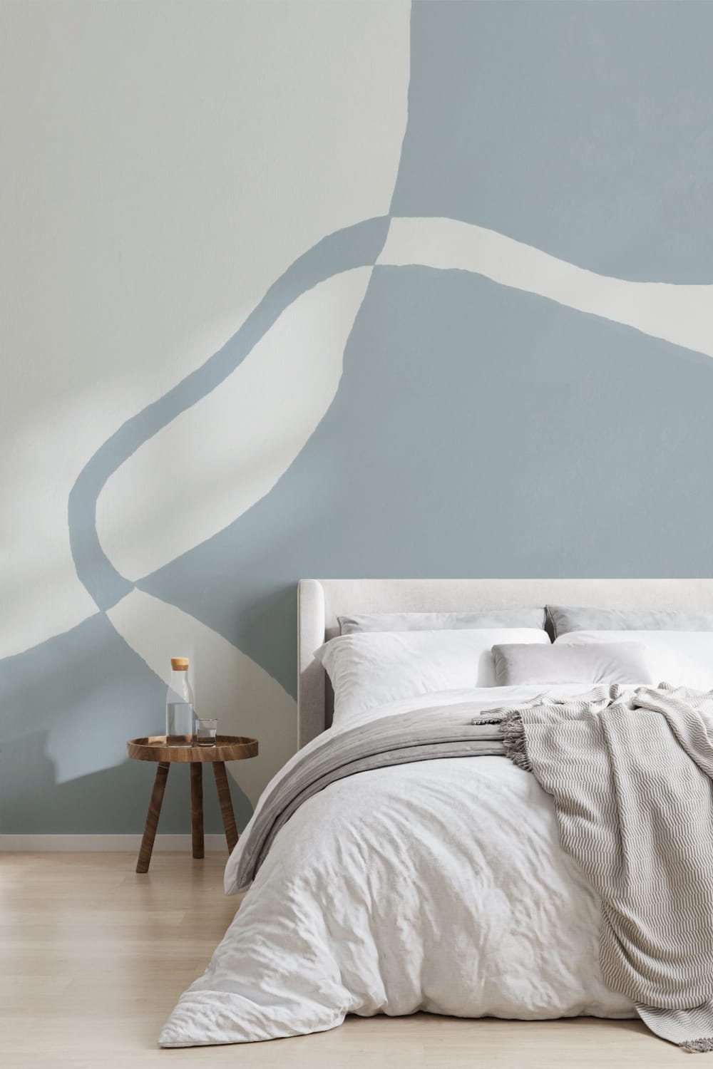 Hand-Painted Curved Form Mural in Cool Blue with Plaster Texture