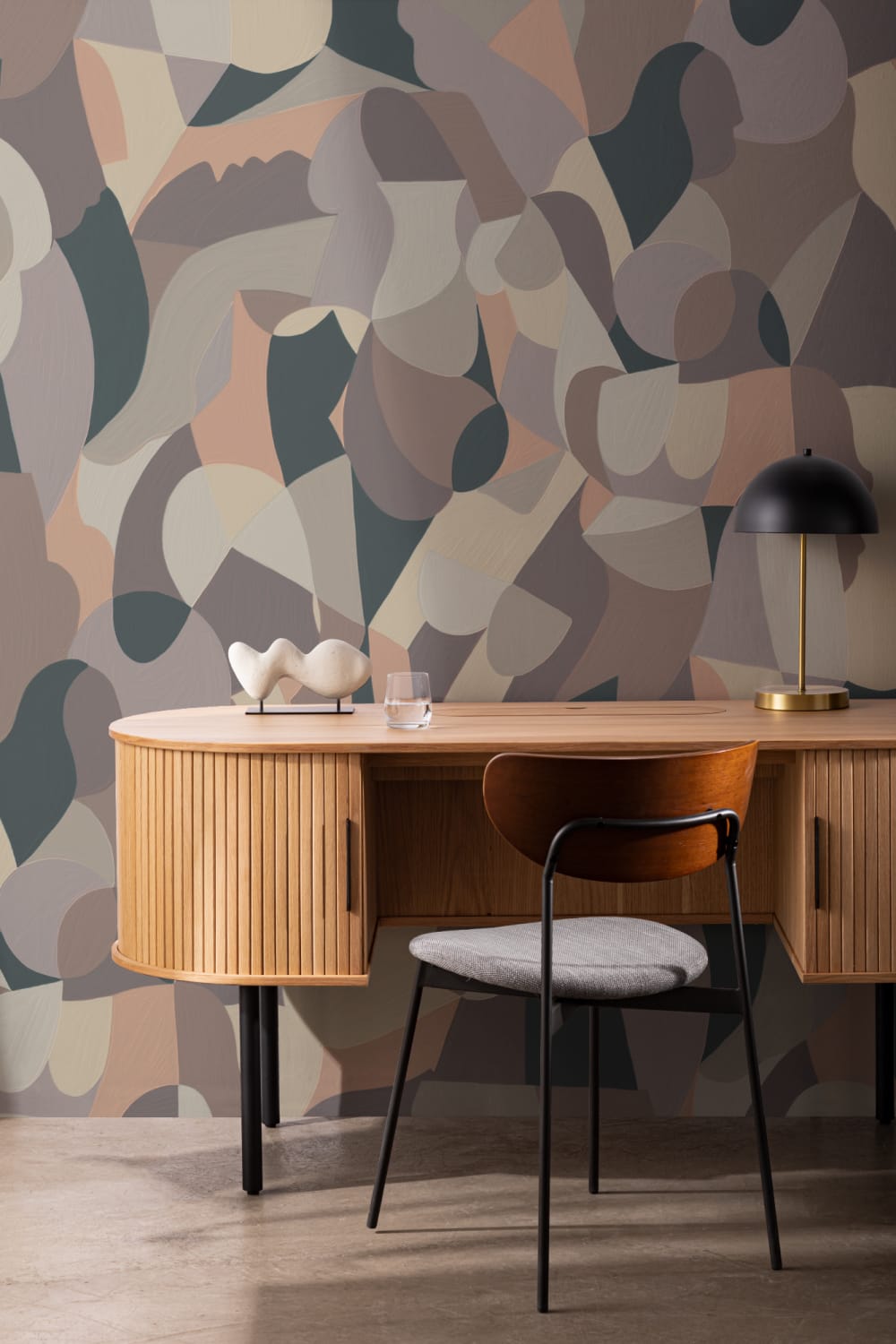 Cubist Human Form Abstract Mural in Taupe and Grey