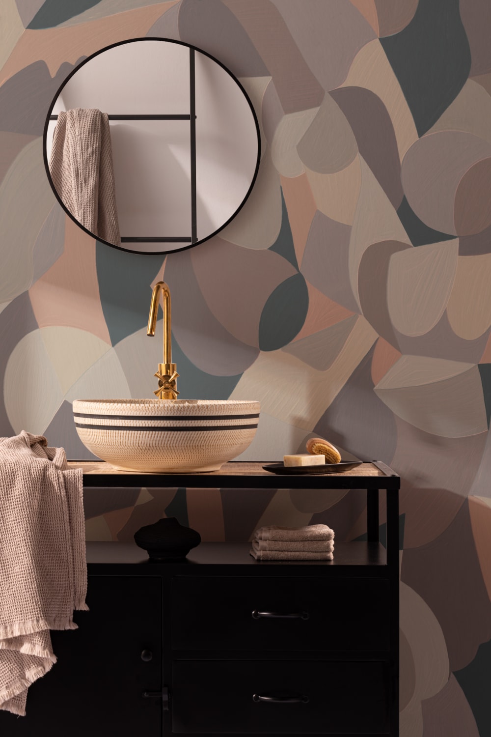 Cubist Human Form Abstract Mural in Taupe and Grey