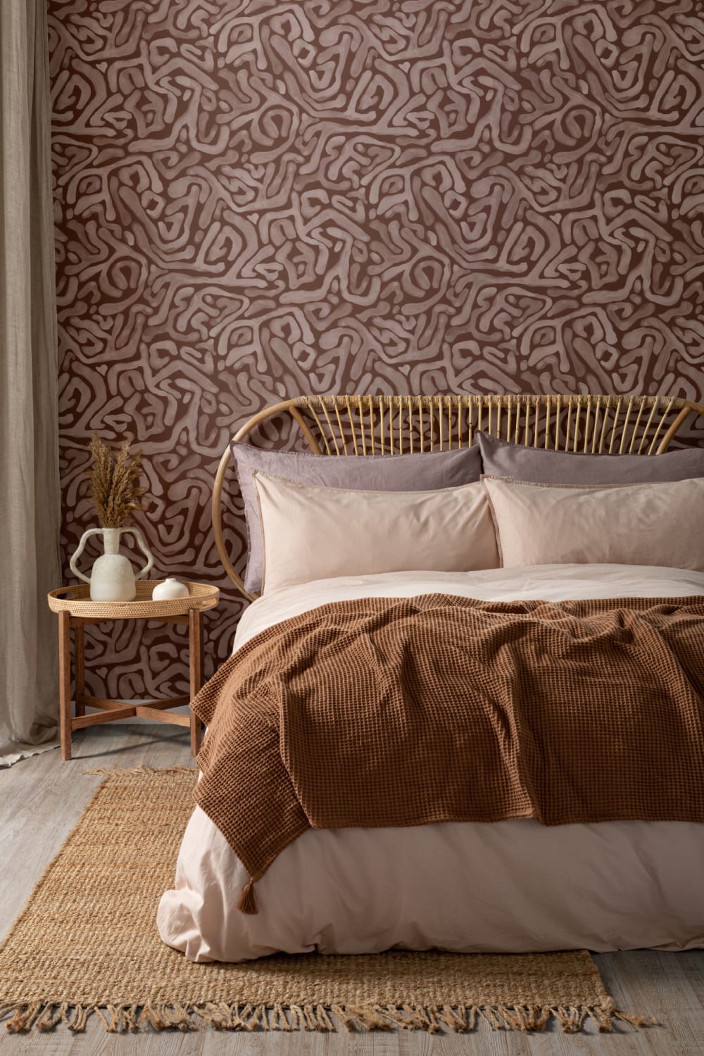 Hand-Painted Organic Maze Pattern Wallpaper in Terracotta
