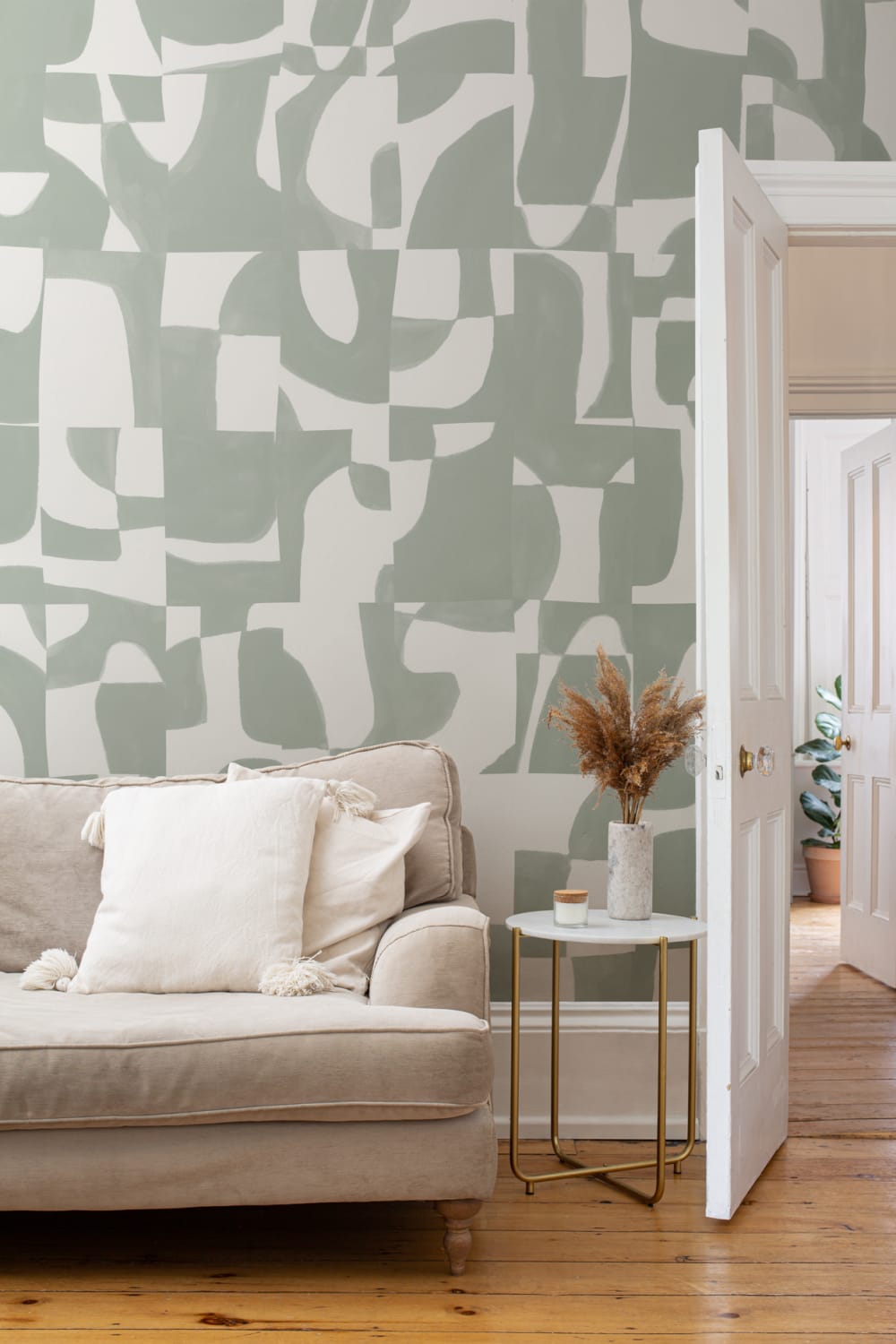 Modern Sage Abstract Wall Mural with Hand-Cut Shapes and Textured Effect