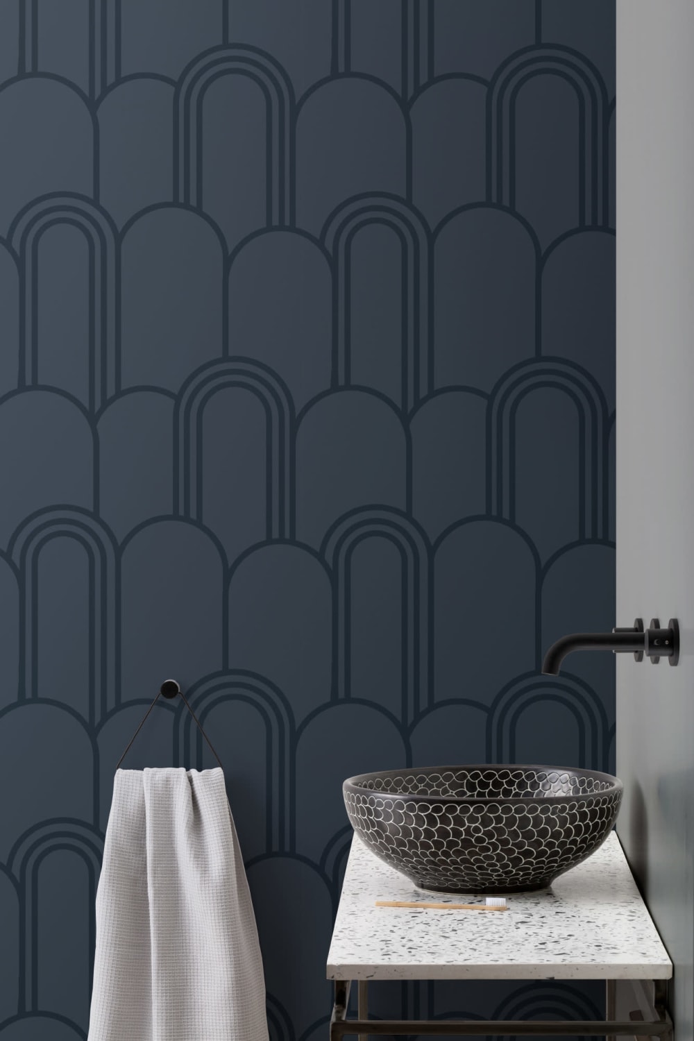 Navy Blue Art Deco Arch Repeat Pattern Wallpaper