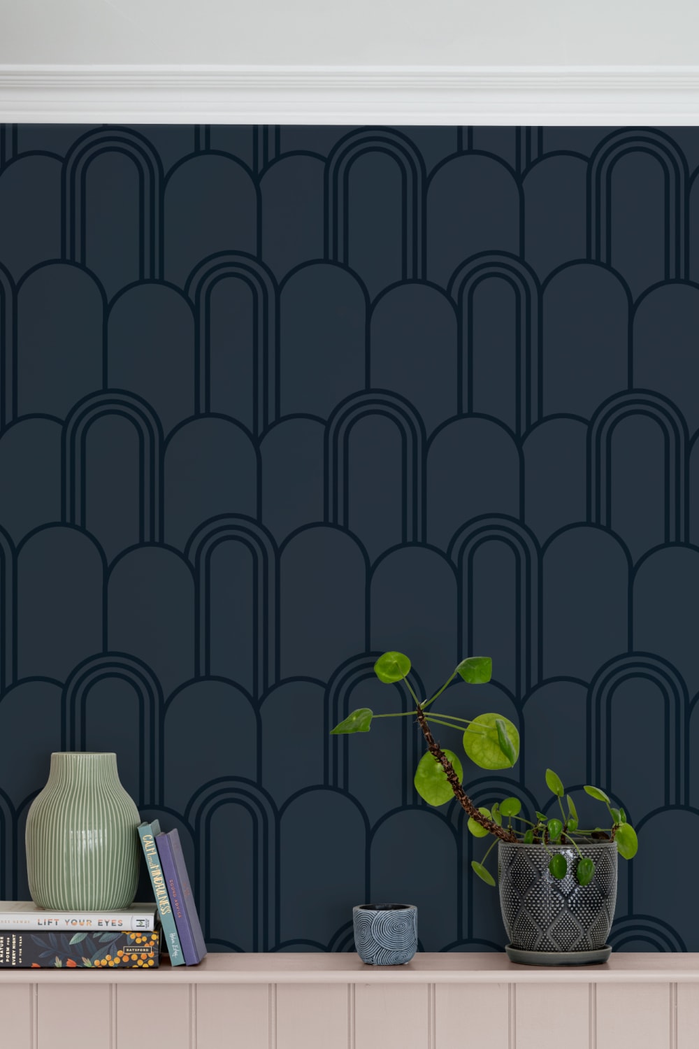 Navy Blue Art Deco Arch Repeat Pattern Wallpaper
