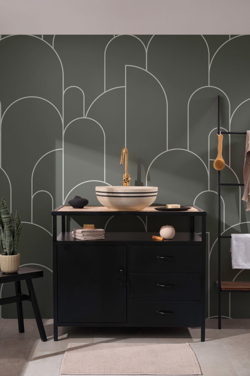 Dark Green Art Deco Arch Outlines Wallpaper Mural