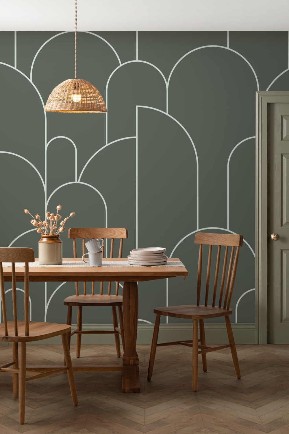 Dark Green Art Deco Arch Outlines Wallpaper Mural