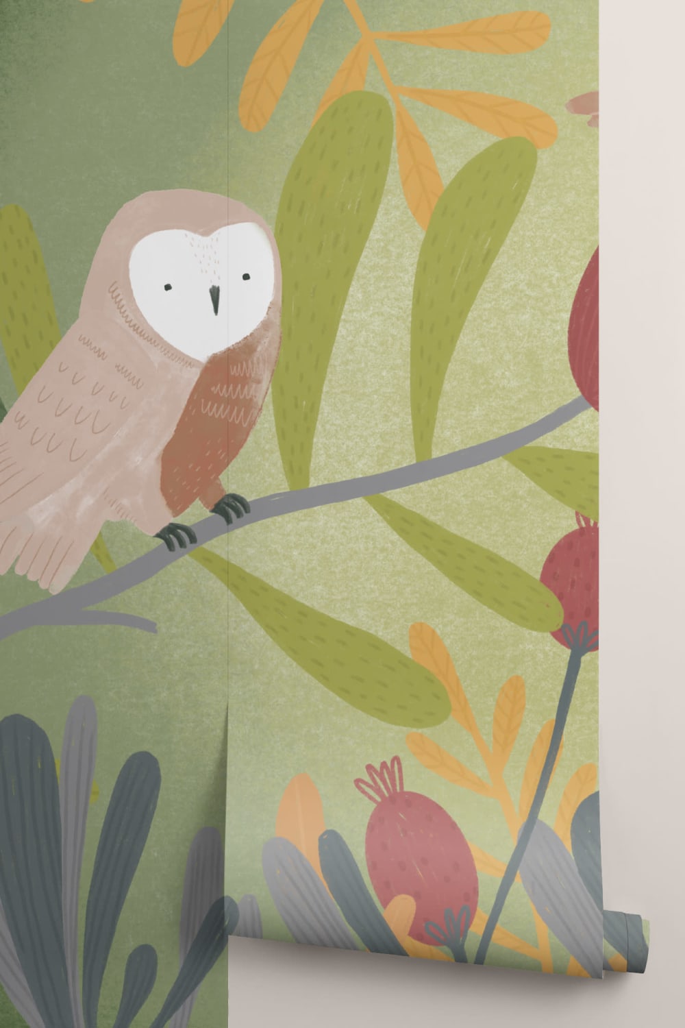 Colorful Pencil Sketch Owl & Flowers Wallpaper Mural