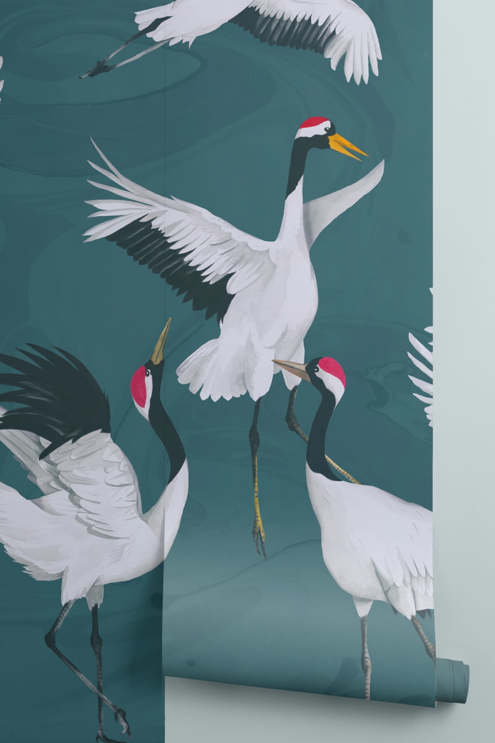 Flying Japanese Cranes Teal Painted Wallpaper Mural